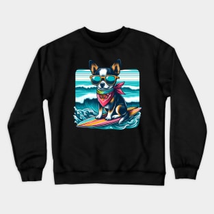 Funny Chihuahua with Sunglasses on a Surf Board Crewneck Sweatshirt